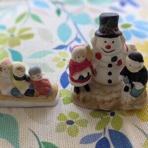 Vintage Winter Holiday Figurines – Sledding Children & Snowman Scene (Set of 2)